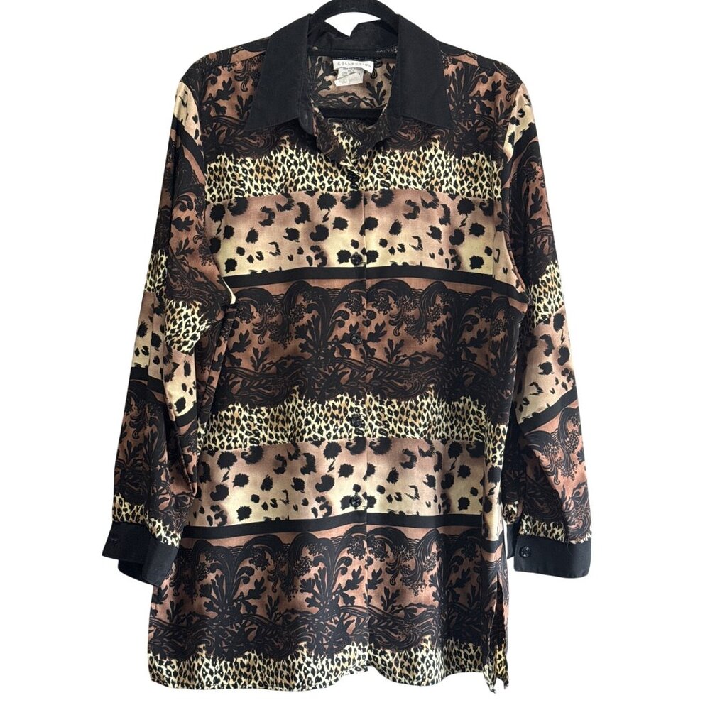Caliche Vintage Leopard Print Mixed Pattern Button Long Sleeve  Blouse Size 16
